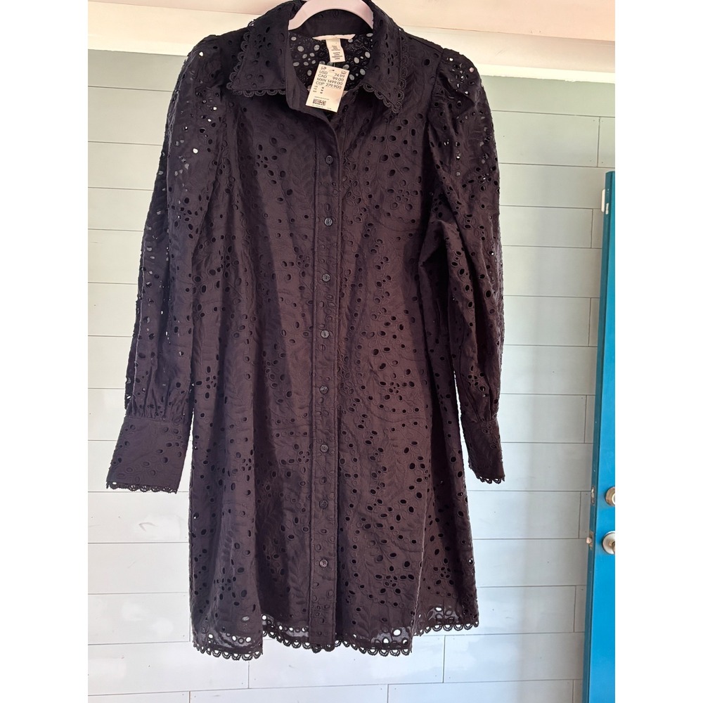 H&M Navy Eyelet Embroidery Shirt Dress Long Sleeve Scallop Trim Mini 1268124